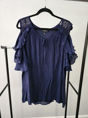 Alyx Women's Navy Cold-Shoulder Ruffle Lace-Trim Blouse